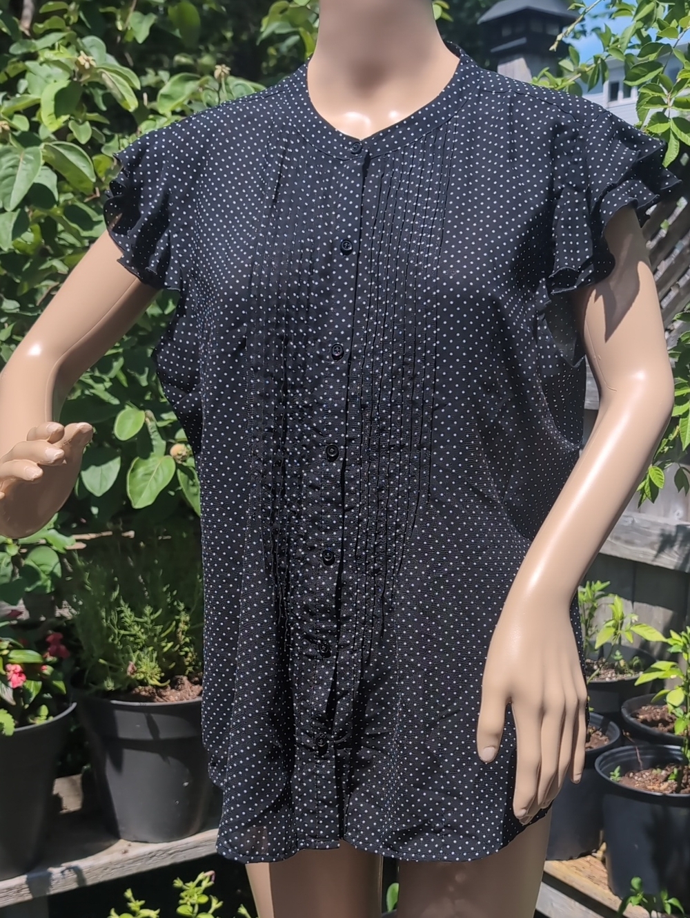 Black Polka Dot Flutter Sleeve Button-Front Top